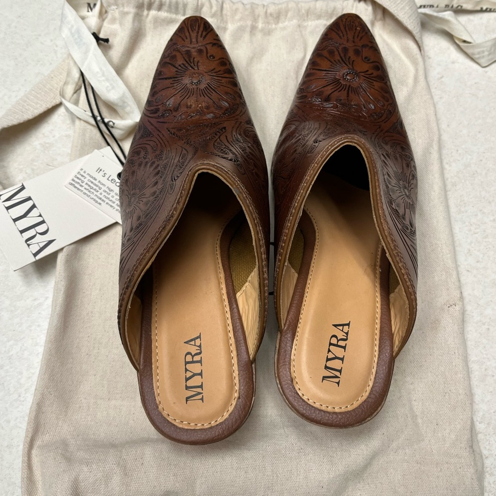 Myra Bag Brown Floral Embossed Mules